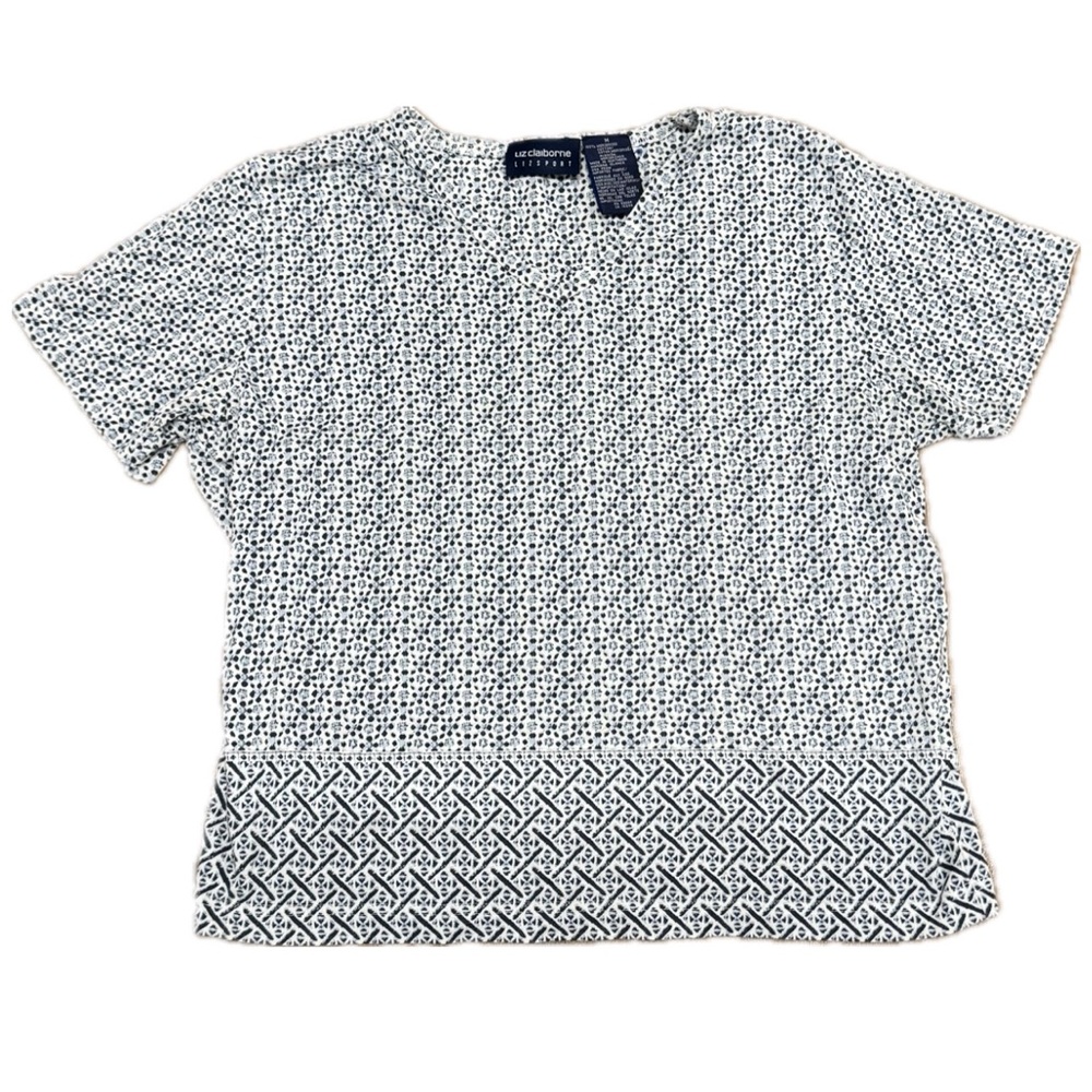 Liz Claiborne, 100 % Cotton, T-Shirt,With Blue/White Floral Designs, Size Medium